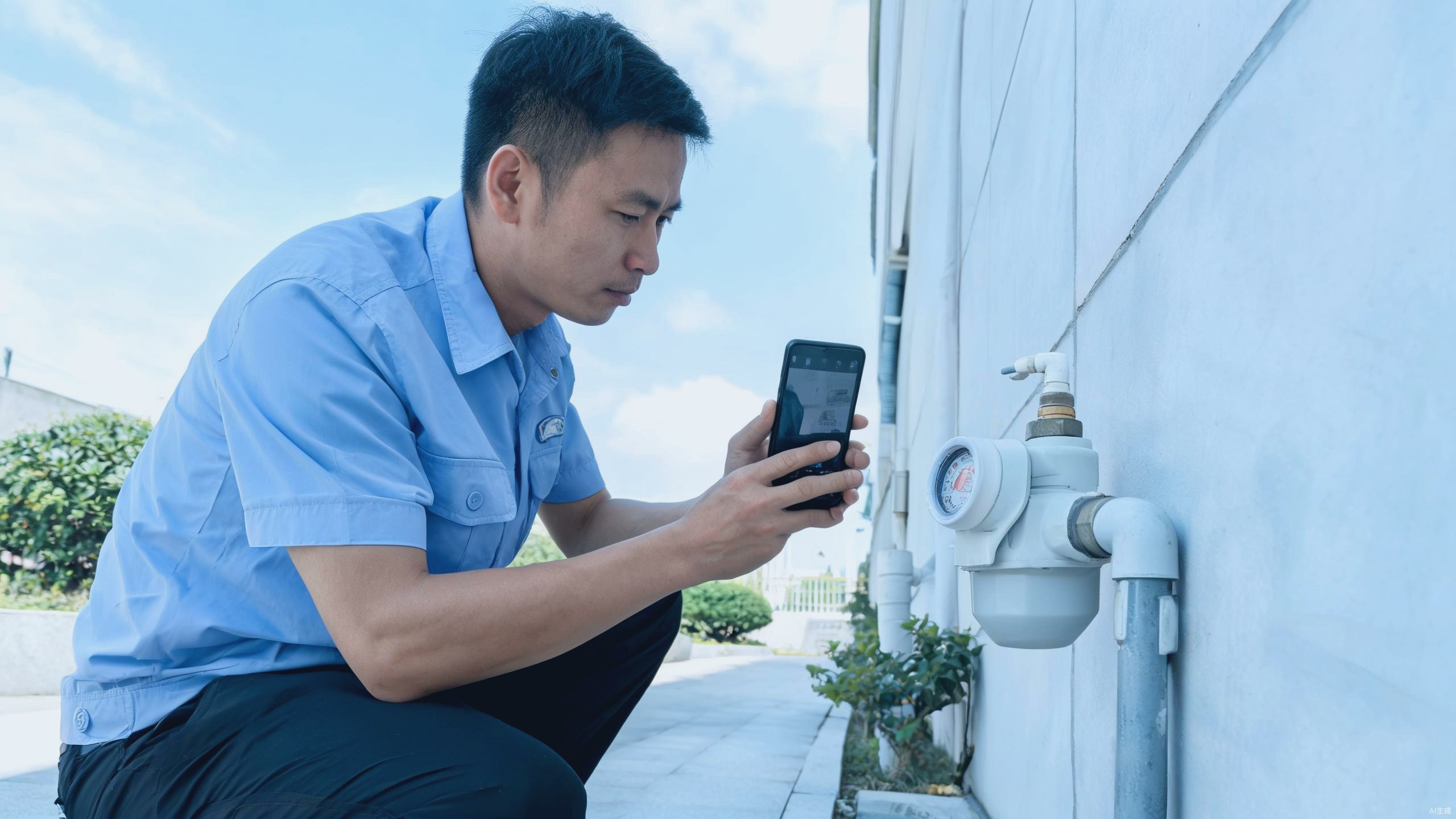 抄表员在户外现场用手机录入水表读数